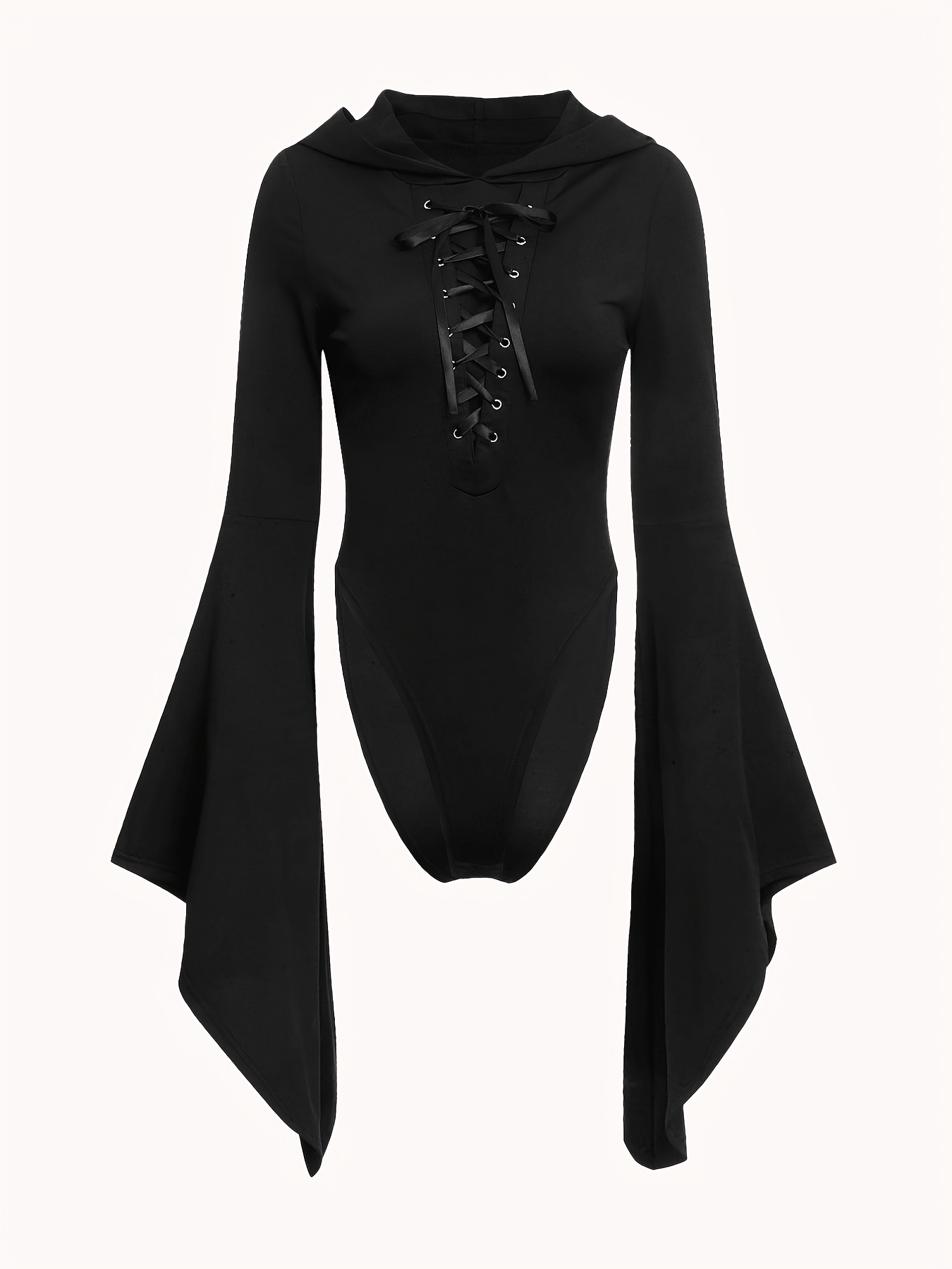 Goth Black Cutout Bodysuit Women Long Sleeve High Neck Leotard