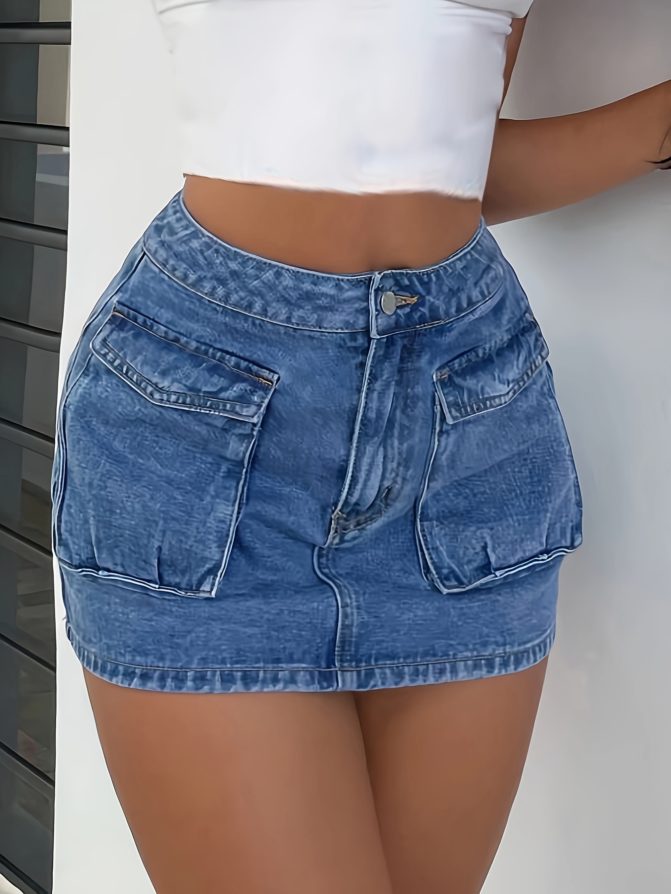 Blue Flap Pockets Denim Mini Skirt Non stretch Slim Fit - Temu