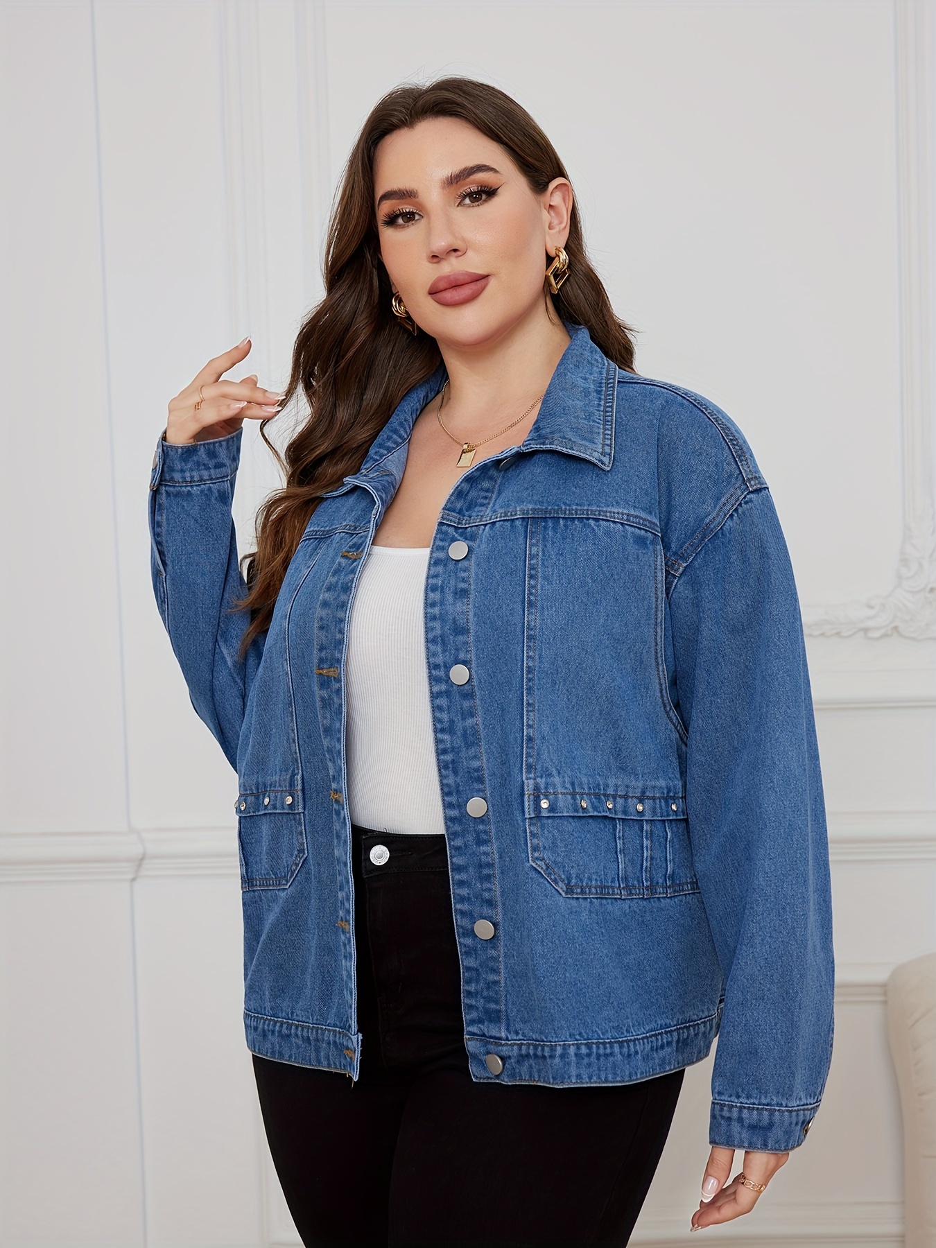 Plus Size Chaqueta Básica Mezclilla Chaqueta Mezclilla - Temu