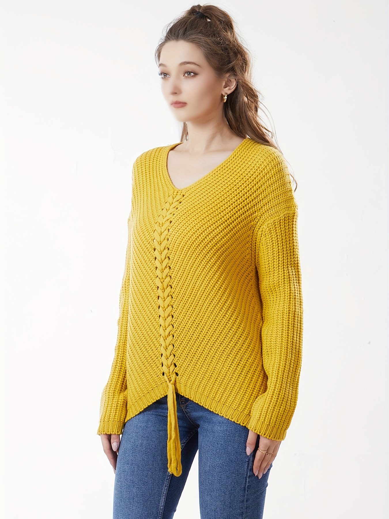 Long-Sleeve V-Neck Sweater with Drawstring at Front, Regular