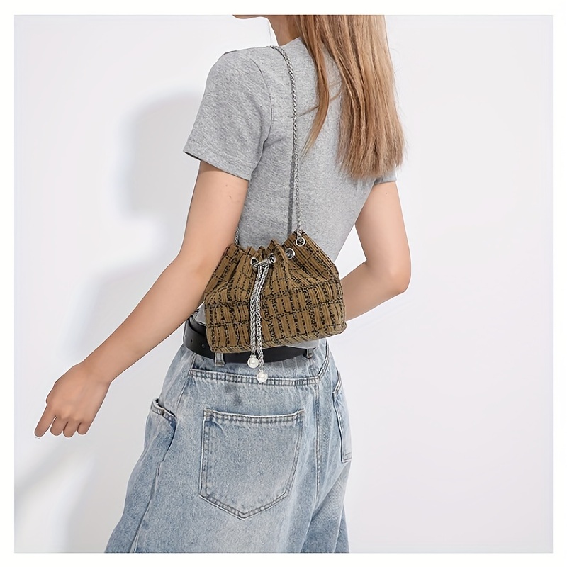 Floral Plaid Pattern Bucket Bag, Vintage Crossbody Bag, Small