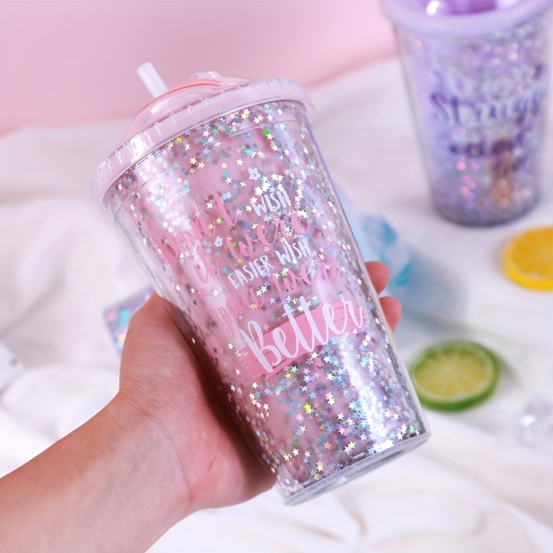 Water Bottle With Straw Sequin Decor Plastic Water Cups With - Temu