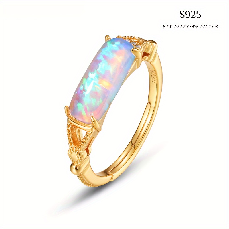 

S925 Silver Colorful Opal Simple Ring, Girls Casual Fashion Jewelry Birthday Gift