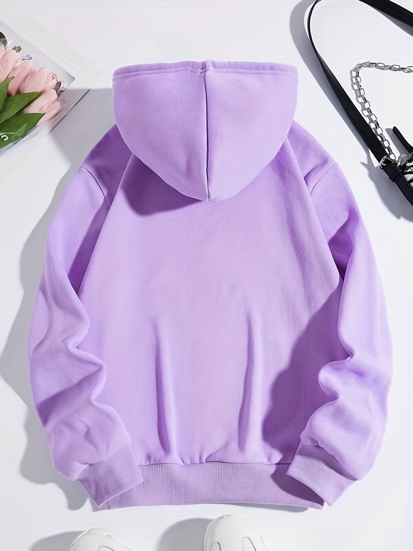 Womens Fall Fashion Casual Long Sleeve Sweatshirts Oversized Pullover  Hoodied Floral Print Drawstring Trendy Holidays Outfits with Pockets purple