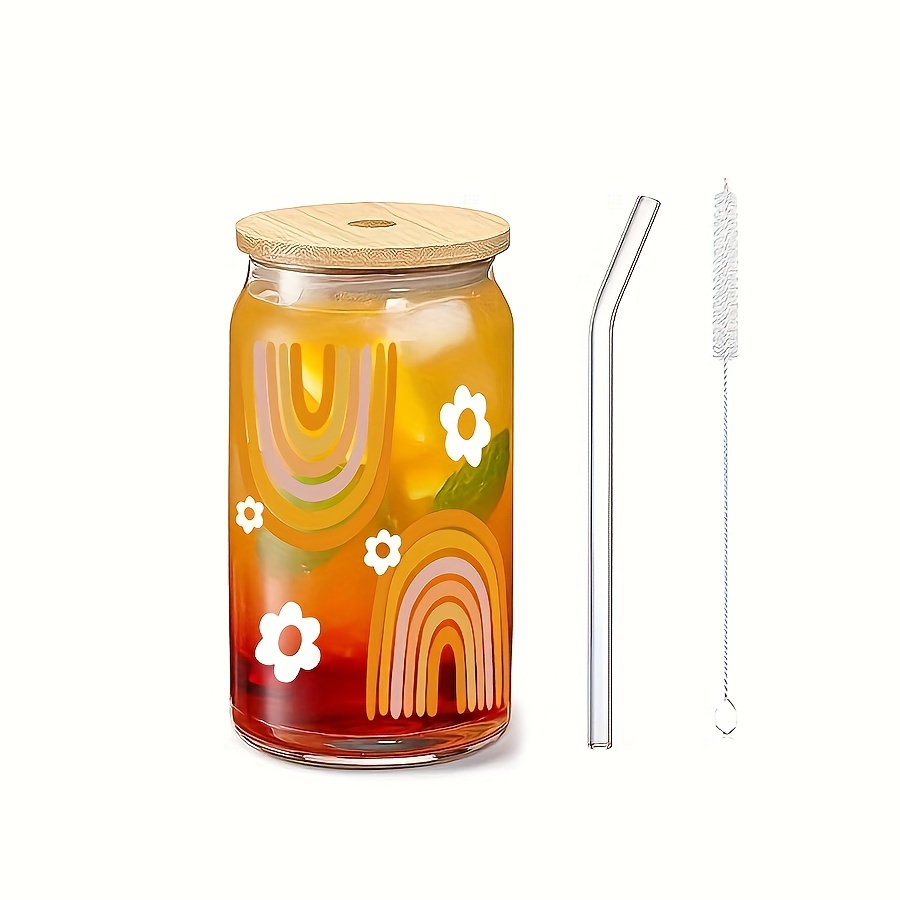 Boho Rainbow Drinking Glass With Bamboo Lid And Straw - Temu