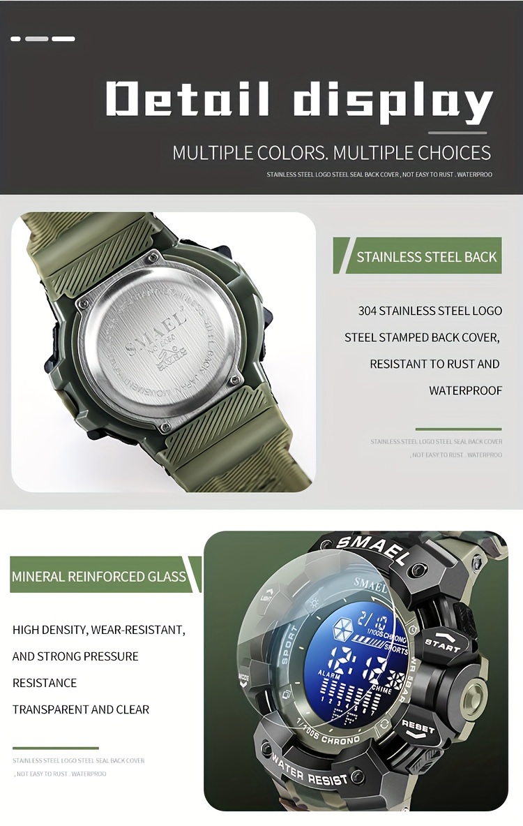   sports digital wristwatch for outdoor mountaineering led night light multifunctional alarm calendar watch with large dial camo strap details 6