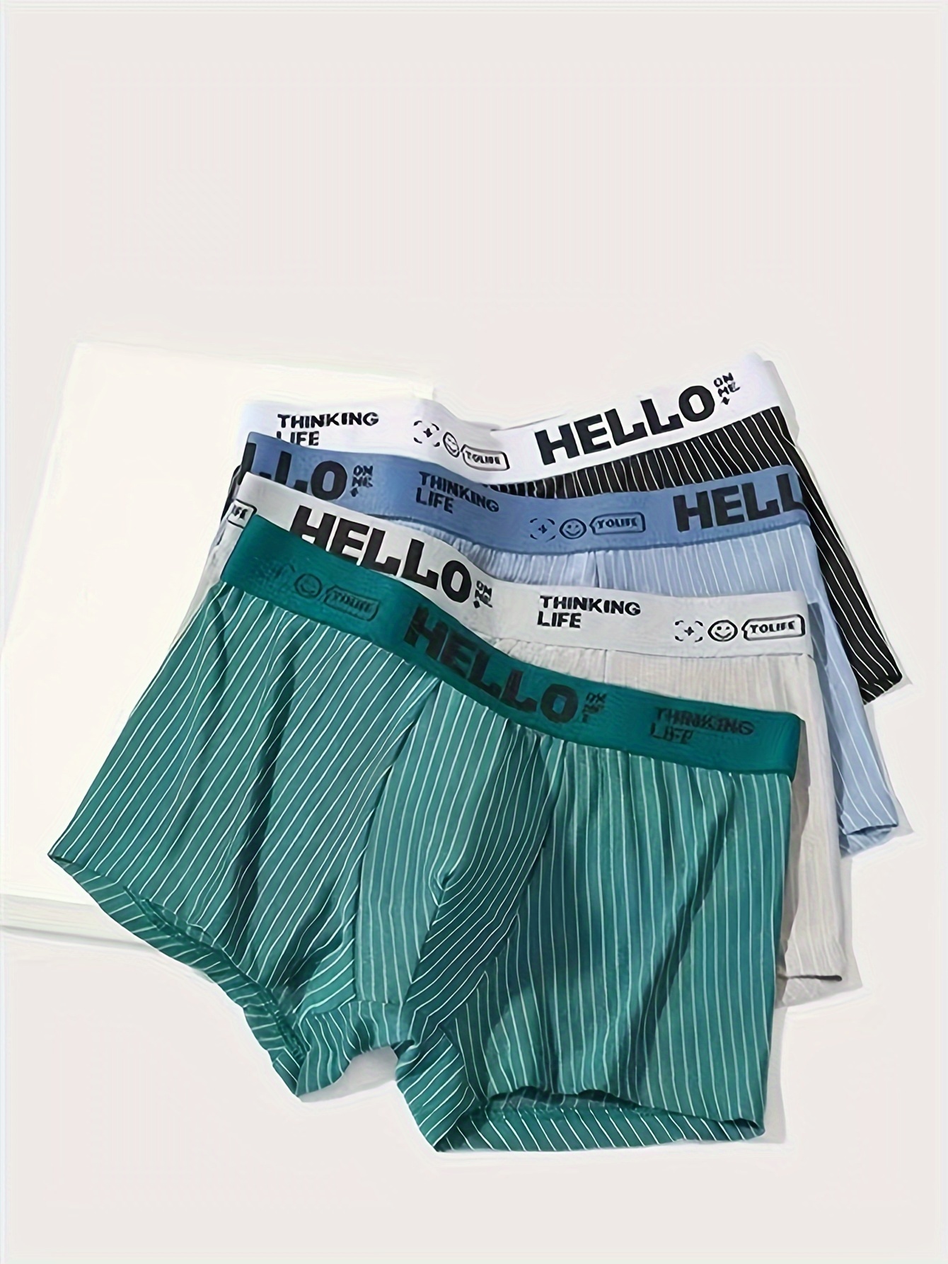3pcs 'HELLO' Print Men's Underwear, Casual Striped Boxer Briefs Shorts,  Seamless Breathable Comfy Stretchy Boxer Trunks