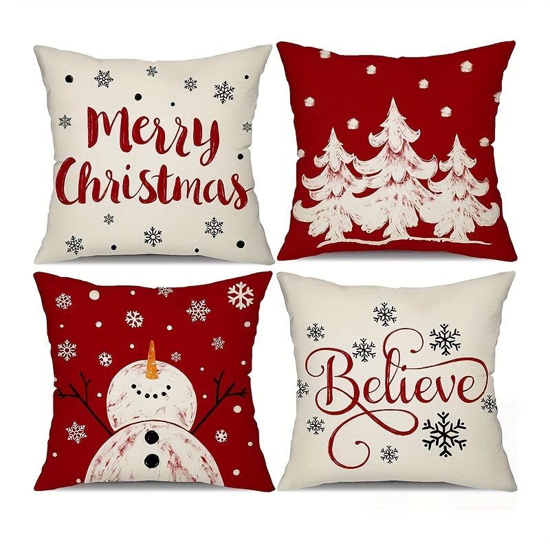 4pcs Red Merry Christmas Pillow Covers, With Snowflake & Christmas Tree  Patterns. Farmhouse Decorations For Winter. 18x18 Inches, Pillow Inserts  Not Included.