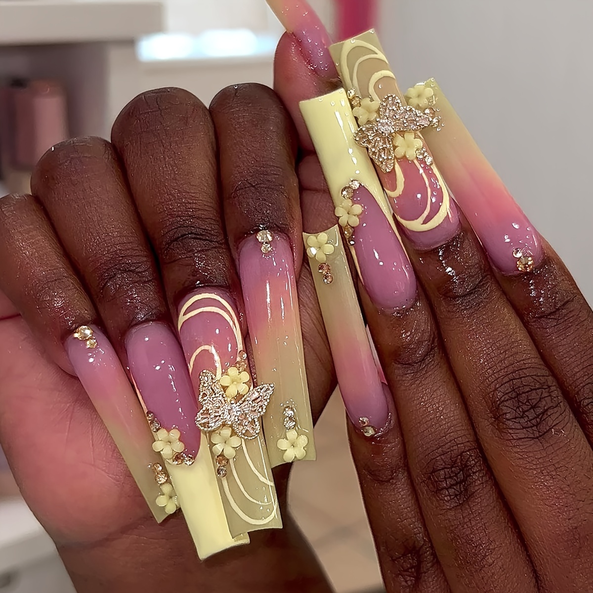 Press On Nails Long Coffin Fake Nails With 3d Butterfly - Temu