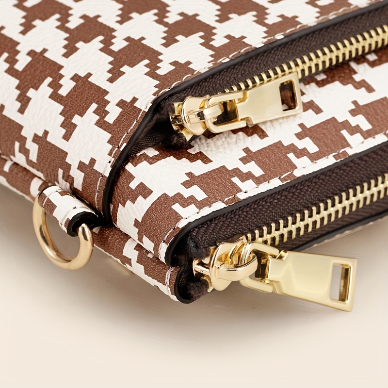 Houndstooth Crossbody Bag Clutch Wallet Zipper Wrist Purse
