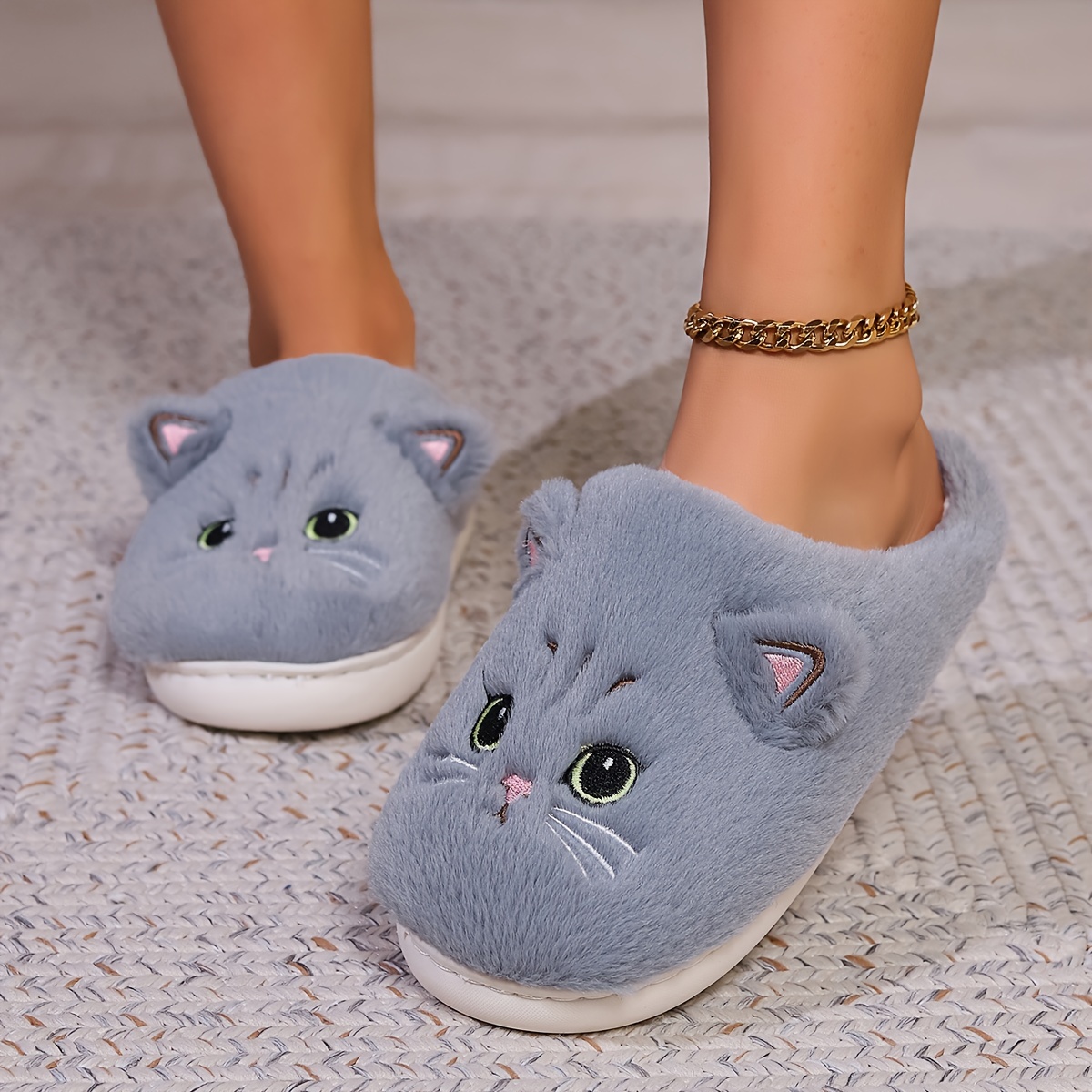 kawaii cartoon cat winter fuzzy slippers soft sole plush details 8