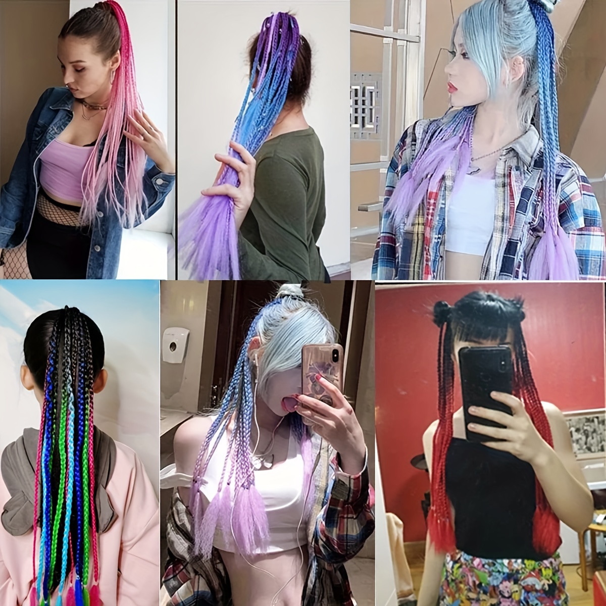 12 Pack Long Braid Hair Extensions with Elastic Bands - Rainbow Braids