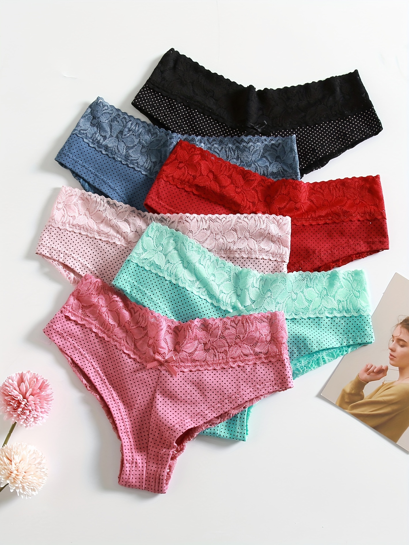 6-Piece Women's Comfort Contrast Lace Polka Dot Pattern Hipster Panties