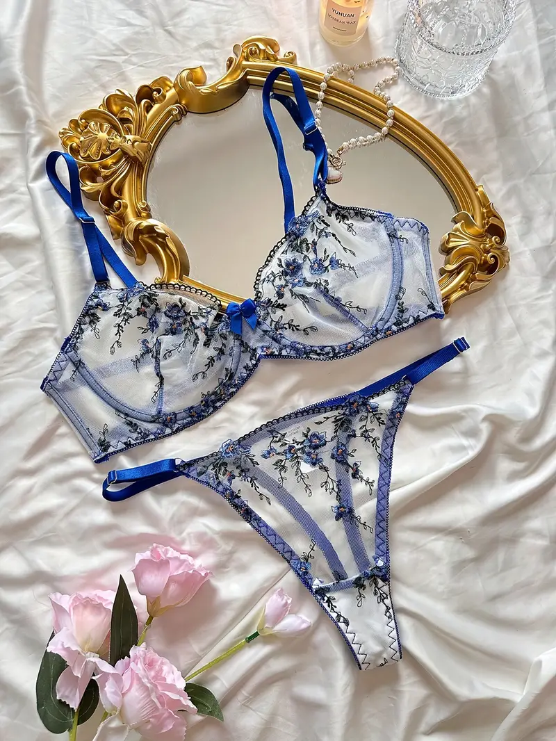 floral embroidery lingerie set mesh unlined bra sheer thong womens sexy lingerie underwear details 4