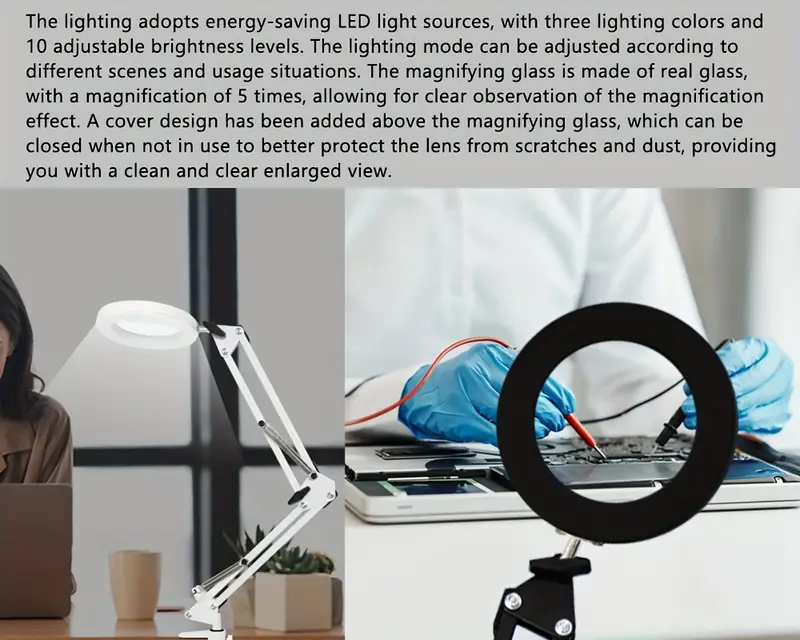 1pc 5x magnifying dimmable multifunctional desk lamp clip on swing arm foldable led desk lamp handmade embroidery beauty manicure repair welding work details 6