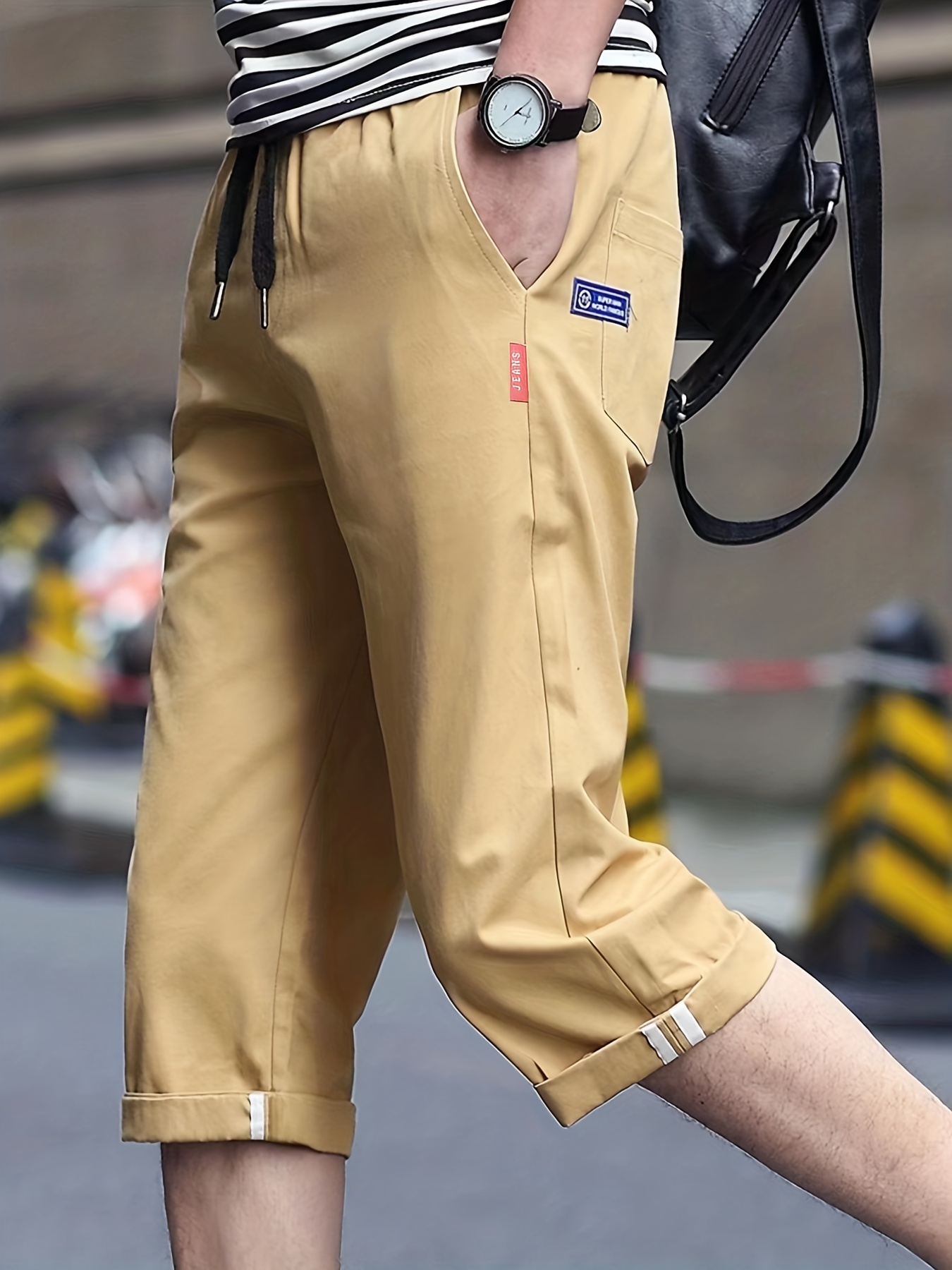 1Pza de Pantalon tipo Capri con cordón transpirable y elegant, con cintura  elástica de color sólido para hombre para el verano