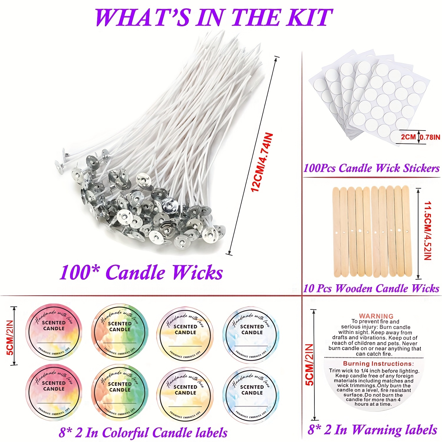 Bulk Candle Wicks 100 Pcs with 60pcs Candle Wick Stickers and 10 Pcs Wooden Candle Wick Centering Device for Soy Beeswax Candle Making