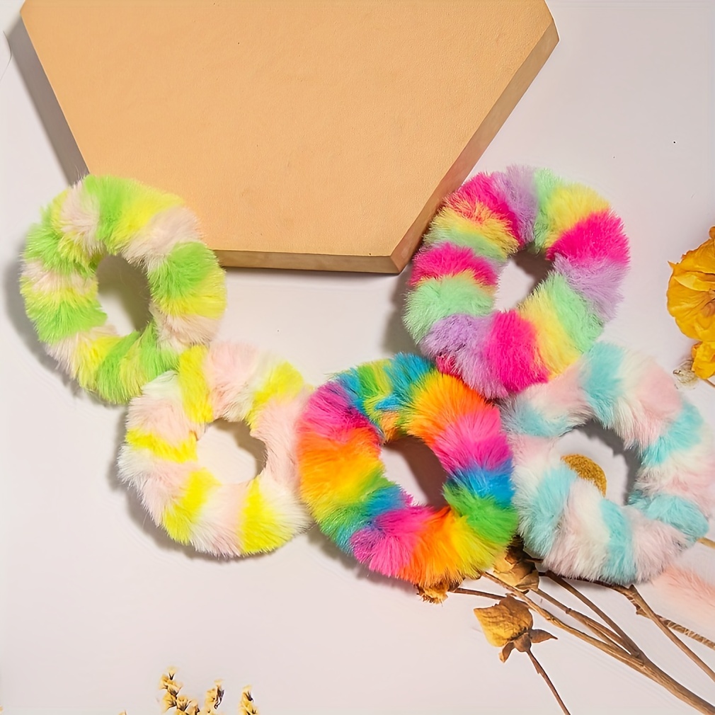 Set Of 5 Colorful Fuzzy Scrunchies For Hair, Perfect For Daily Use By Women