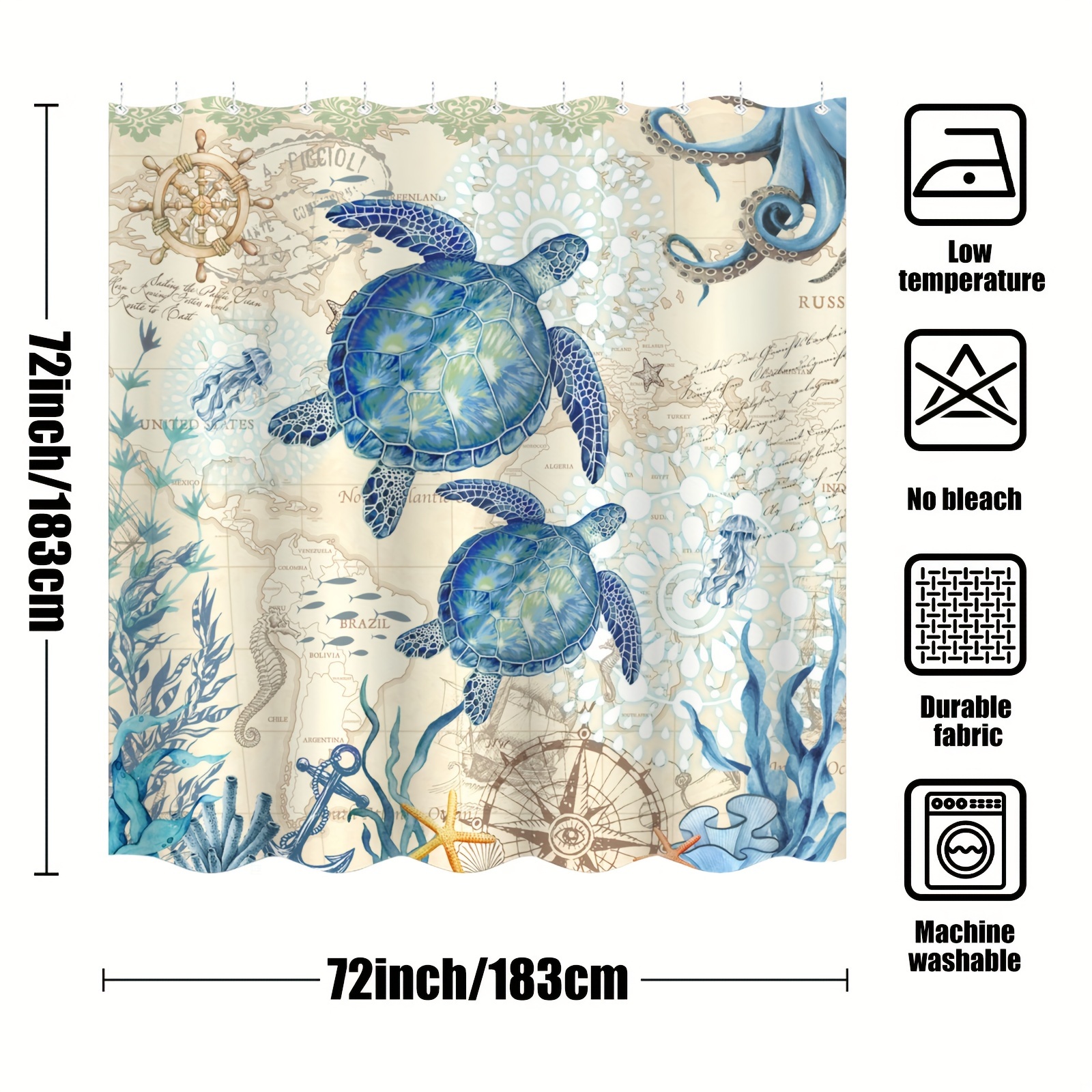 Turtle Shower Curtain, Blue Teal Ocean Bath Curtain Fish