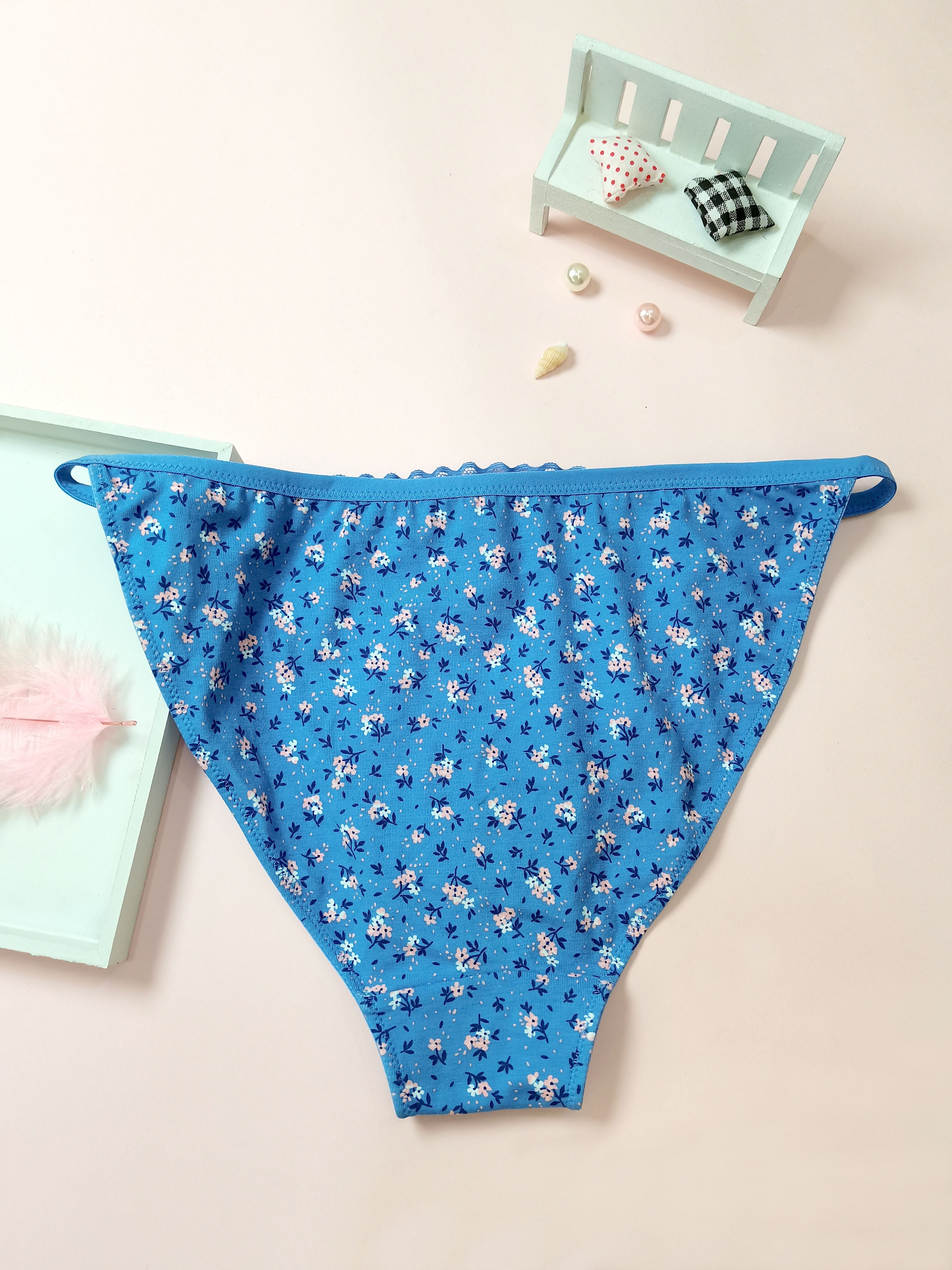 Floral Print Bikini Panties Comfy Cute Low Waist Lace Trim - Temu Australia