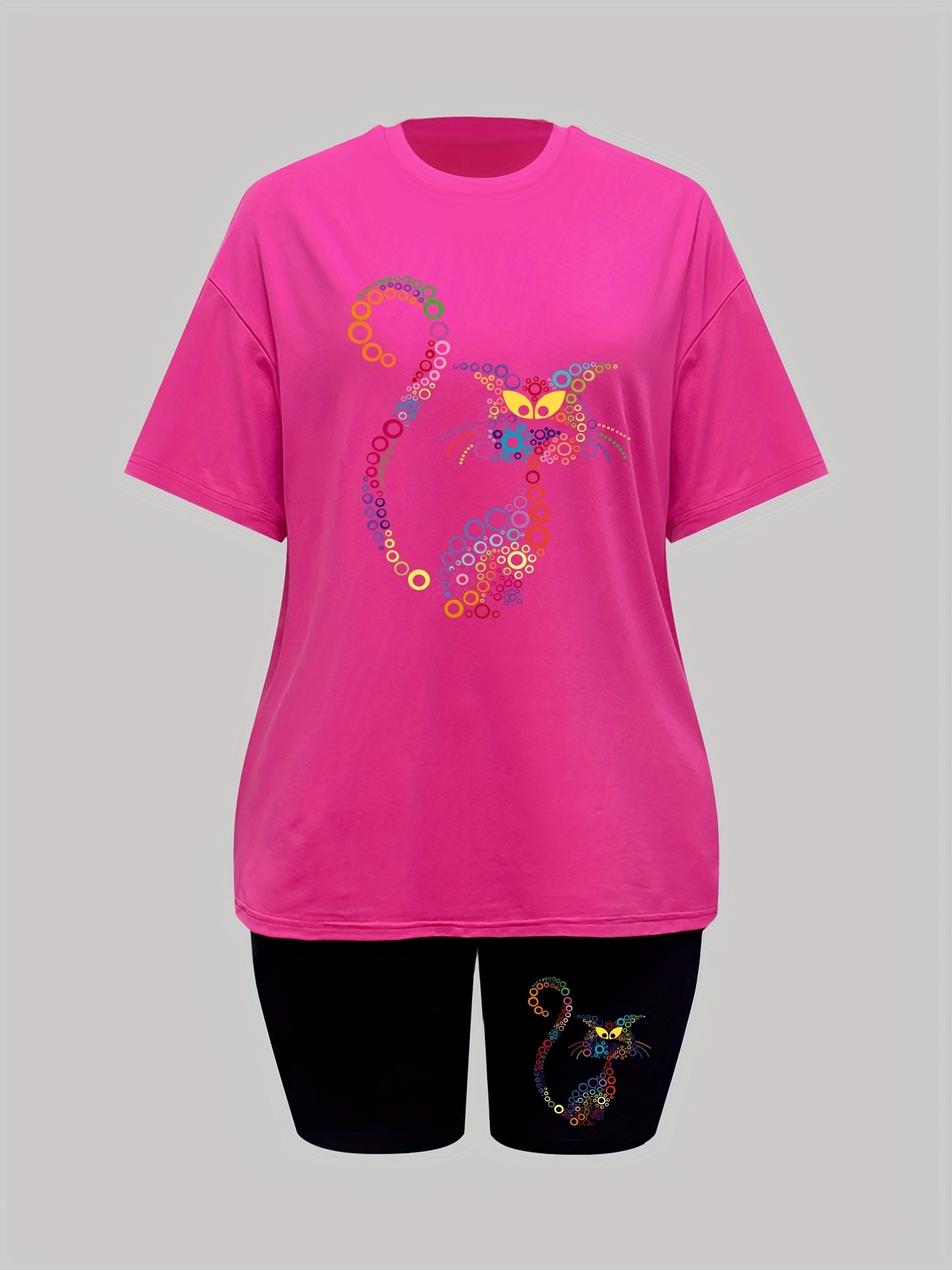 Circle Cat Print Lounge Set Short Sleeve Top & Shorts Women's Loungewear