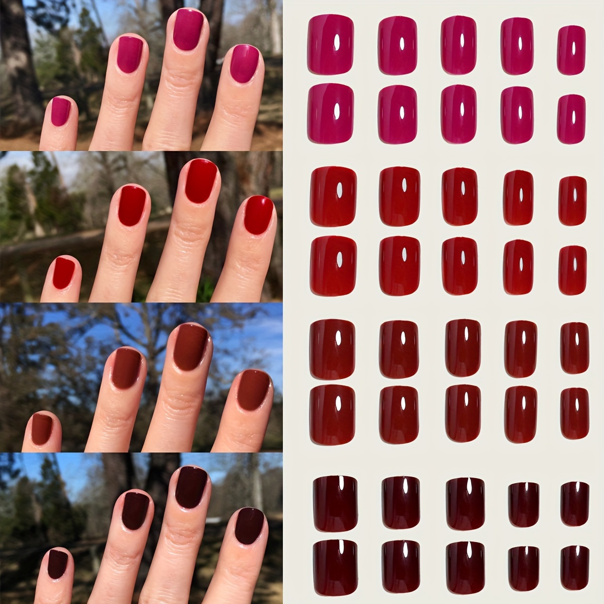 

96pcs Glossy Short Oval Fake Nails, Wine Red Collection Solid Color Press On Nails, Minimalist Style Full Cover False Nails For Women Girls Fall Winter Nail Deco