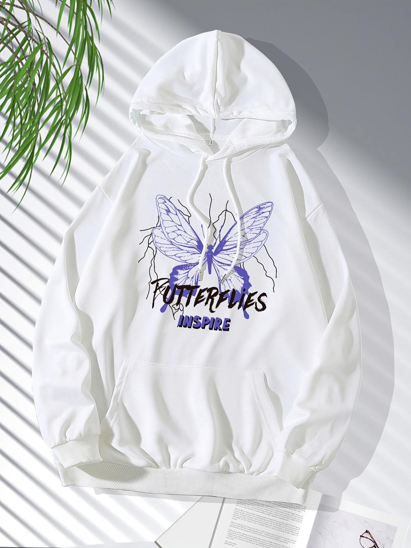 Temu Butterfly Floral Print Hooded Pocket Drawstring Sweatshirt, Women's Kangaroo Pocket Hoodie, Pullover Casual Long Sleeve Women's Clothing Sweatshirt