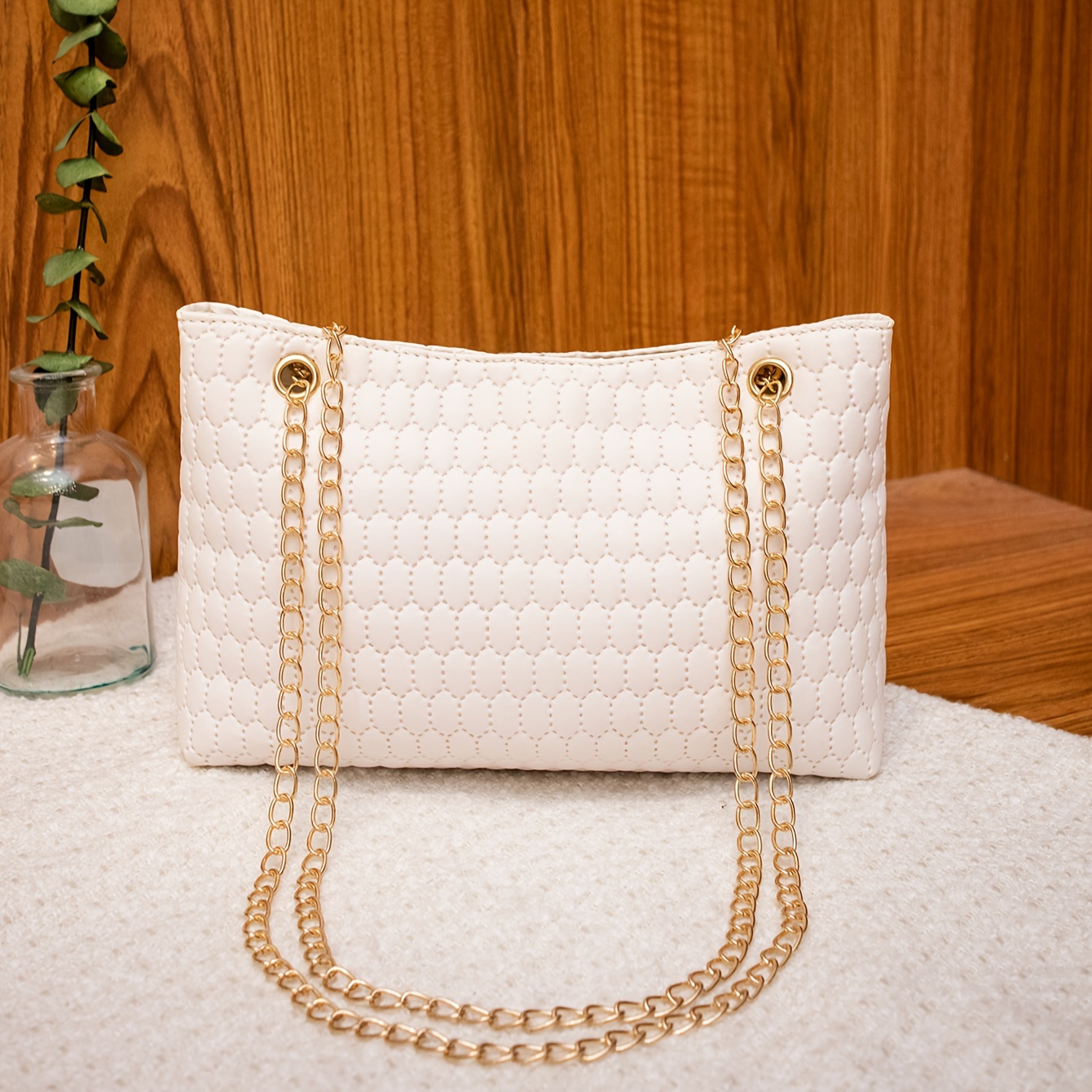 Quilted Chain Tote Bag, Simple Pu Leather Handbag, Women's Large