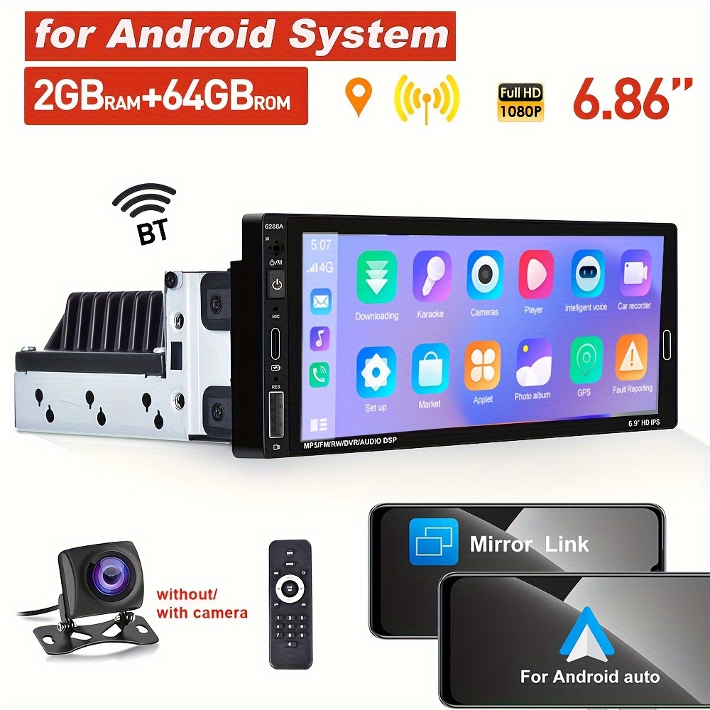 1 Din Android 10.0 Universal Auto Radio 6.9 pulgadas de pantalla táctil  Reproductor multimedia Coche Estéreo Video Navegación GPS Ips Pantalla DVD
