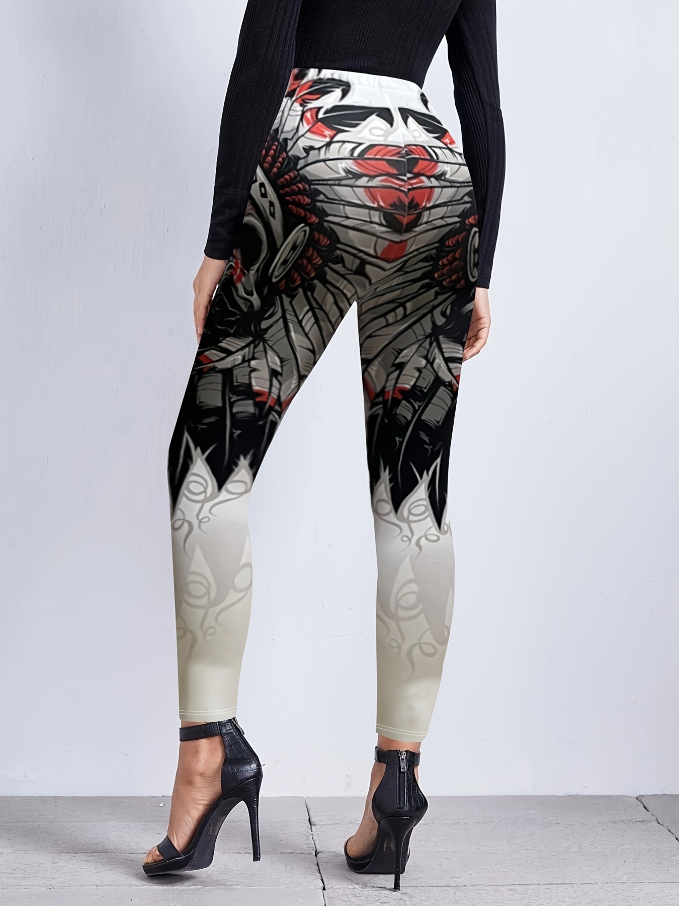 Skull Print Skinny Leggings Casual Elastic Waist Stretchy - Temu