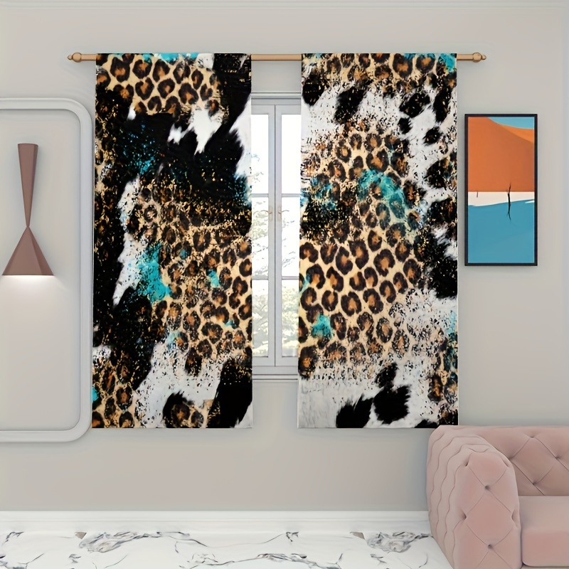 TEMU Two-piece Pack, Leopard And Cow Print Printed Semi-transparent Curtains, Living Room And Bedroom Rod-through Multi-scene Decorative Curtains