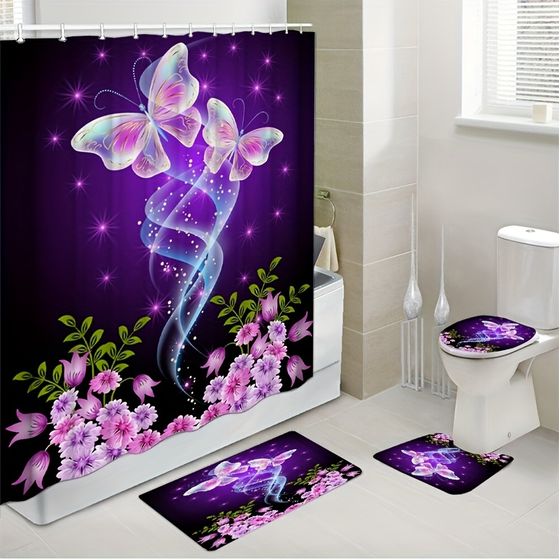 Buy Butterfly Flower Waterproof Shower Curtain With 12 Hooks Non Slip Bath Rug U Shape Toilet Lid Cover Pad