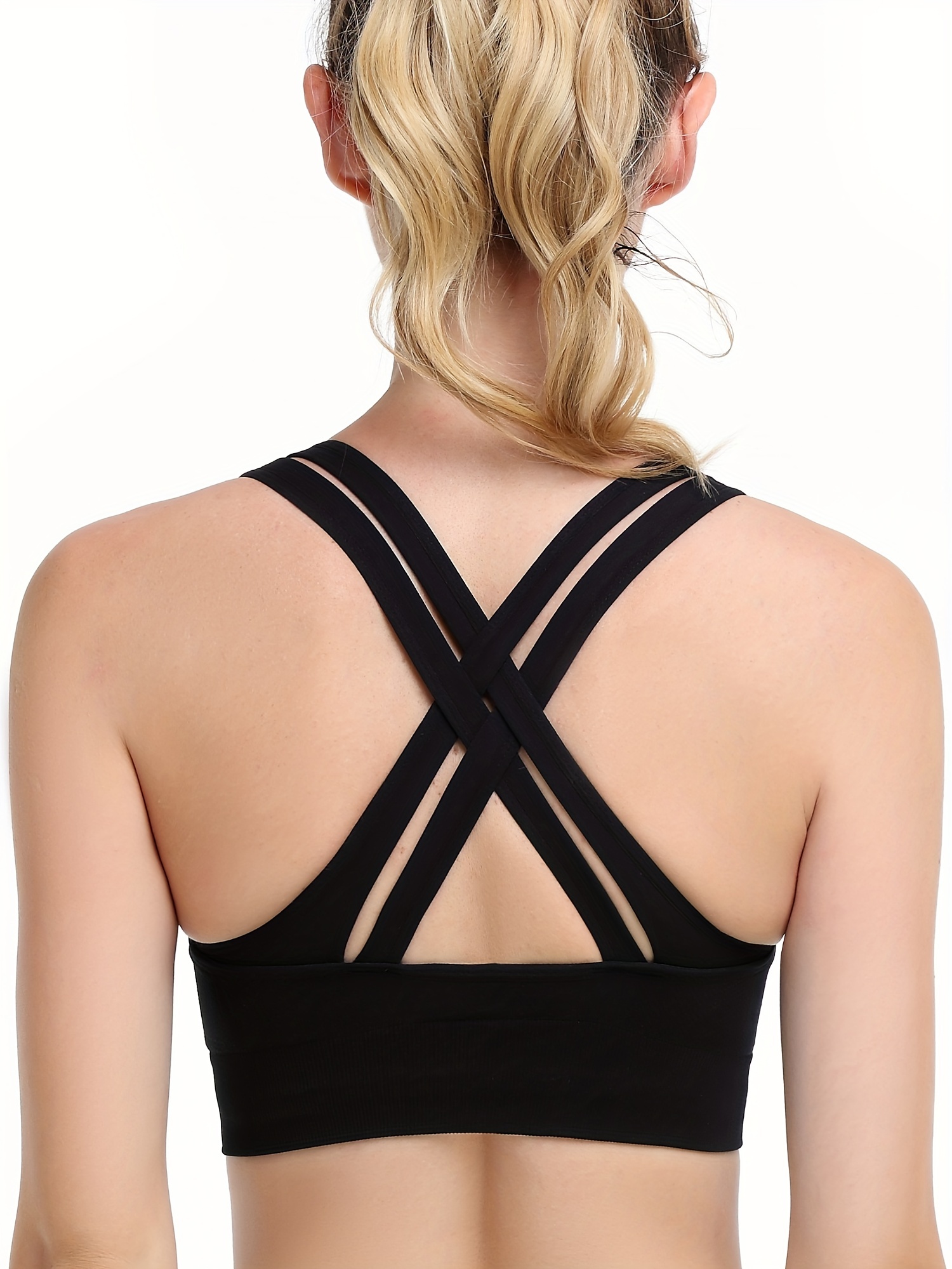 Backless Lace Black Strappy Sports Bra For Women Push Up Crop Top
