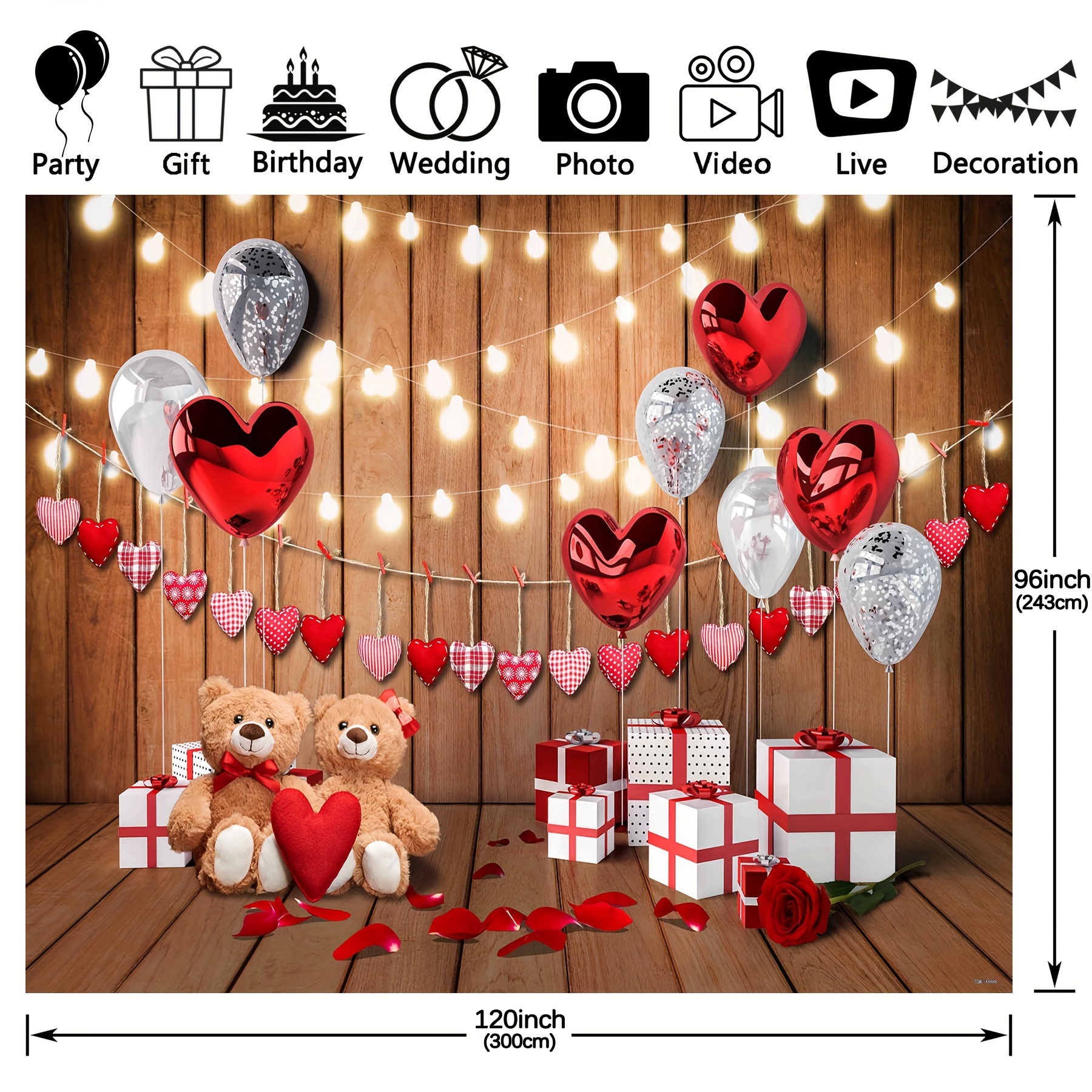 1個、バレンタインデーバルーンギフトポリエステル写真撮影背景幕7x5フィート、ウッドラブハート背景、おもちゃのクマのパーティーデコレーション、ブライダルシャワー写真ブース