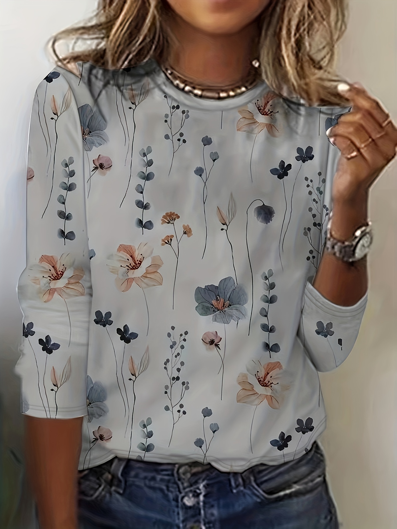 Majica s okruglim izrezom s cvjetnim printom, ležerna majica s dugim rukavima za proljeće i jesen, ženska odjeća