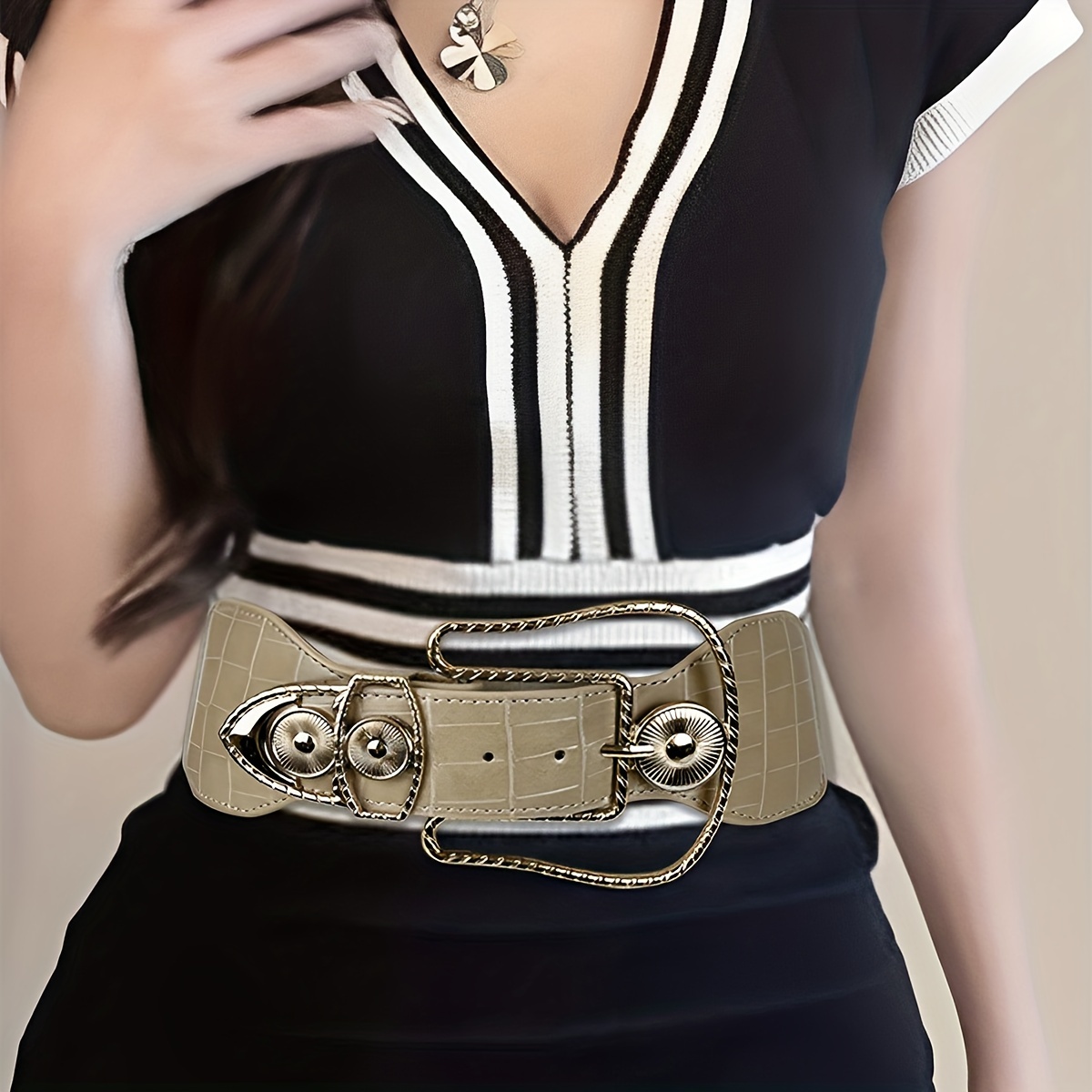 Women Hollow Out Belts Wide Buckle Cinch Waist Belt Dress Faux Leather  Waistband
