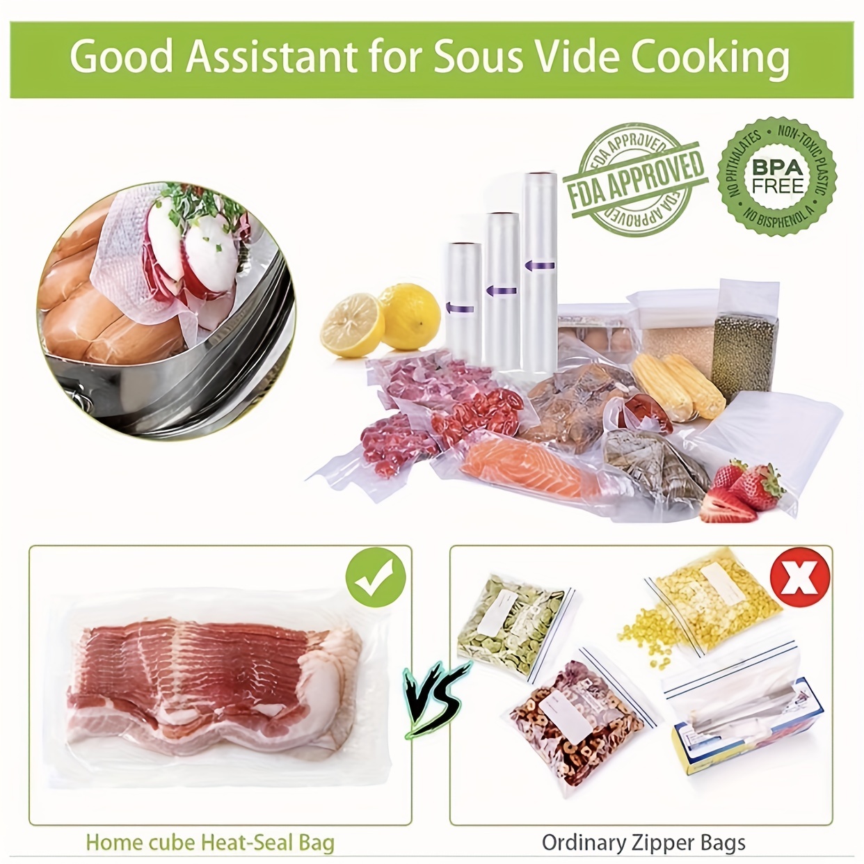 Vacuum Food Storage Zipper Bags Reusable BPA-Free Sous Vide Bags