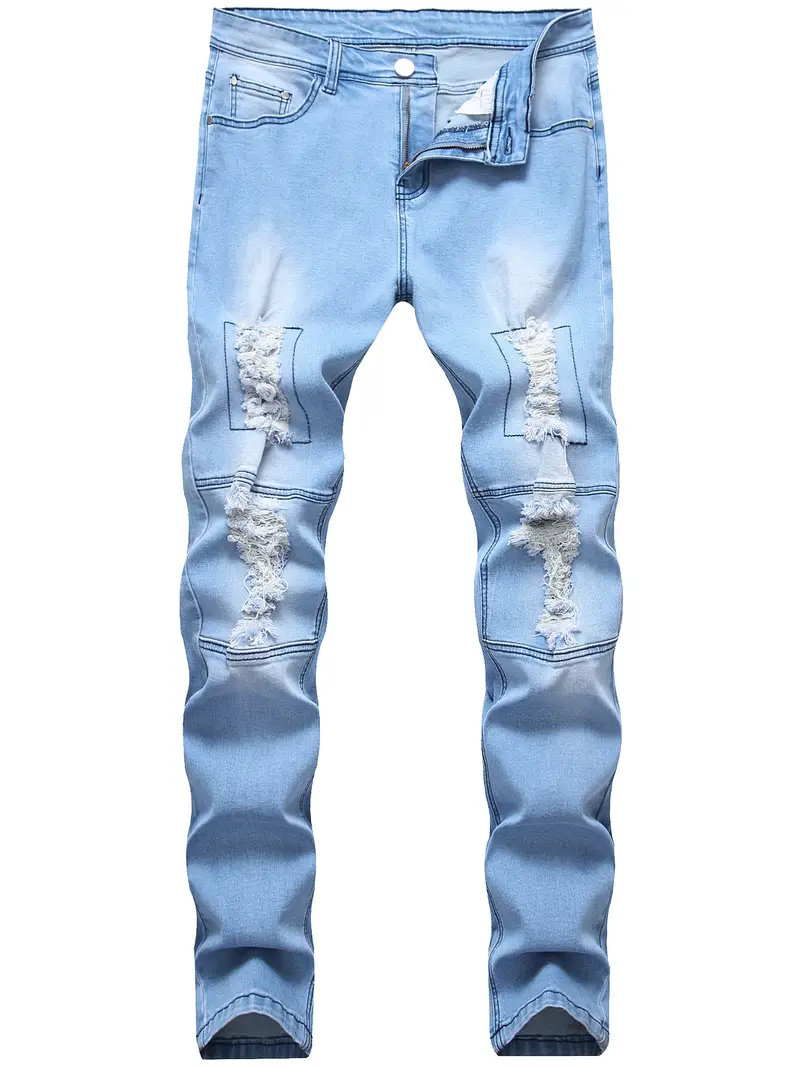 Men's Street Style Slim Fit Ripped Denim Jeans - Temu