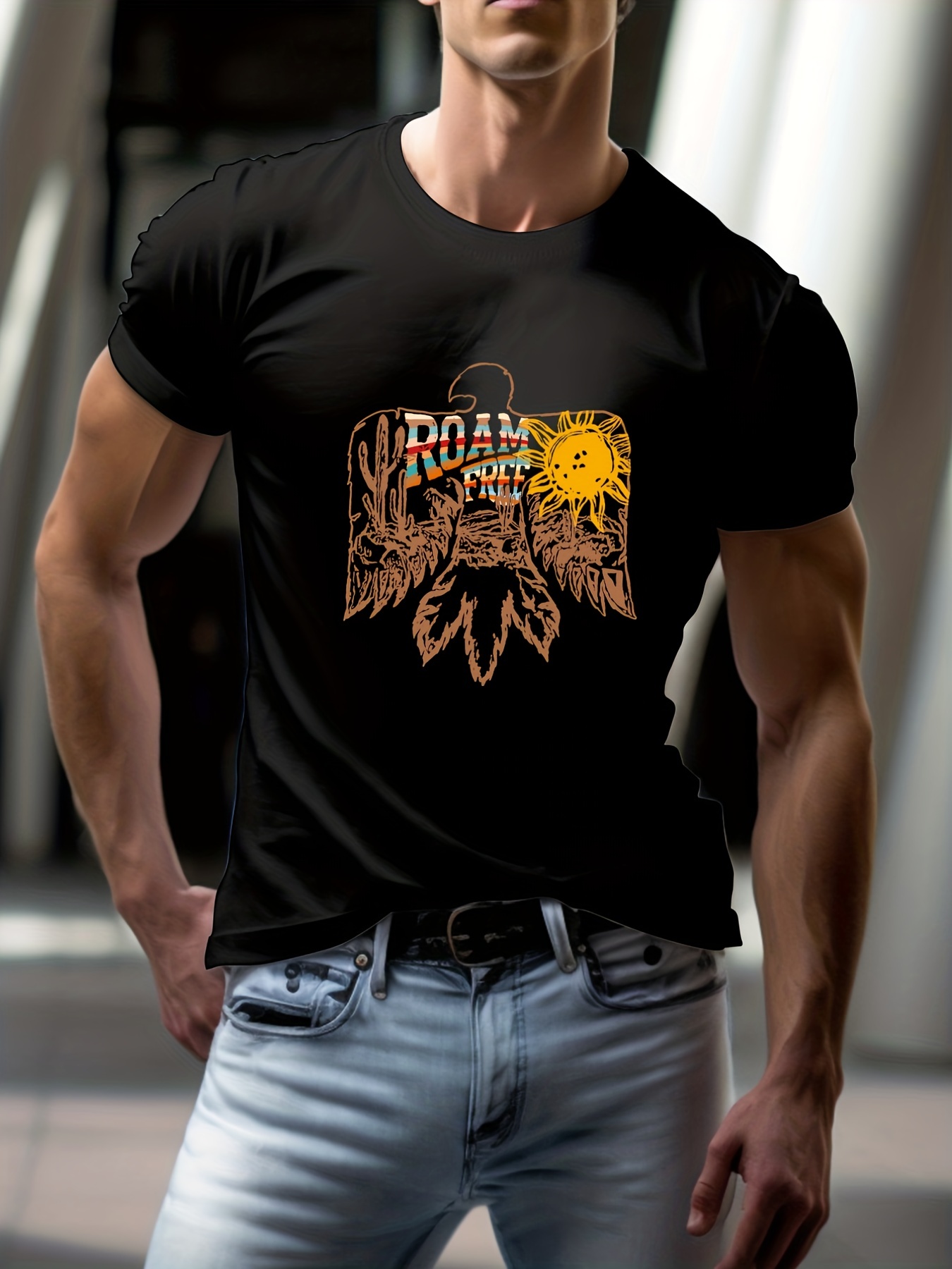 Tees For Men, Bald Eagle 'roam Free' Print T Shirt, Casual Short
