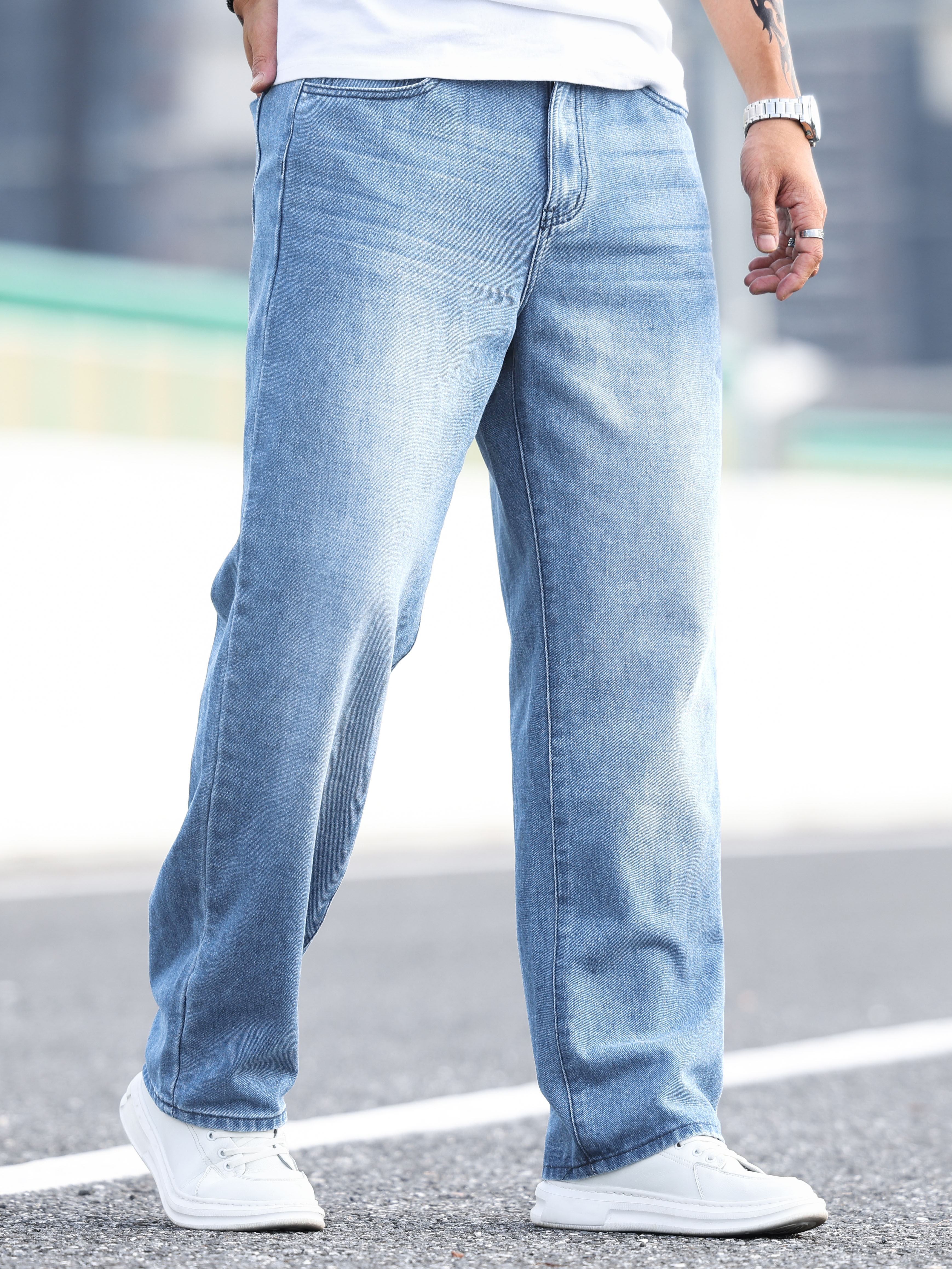 Wide Leg Cotton Blend Jeans Men's Casual Street Style Loose - Temu