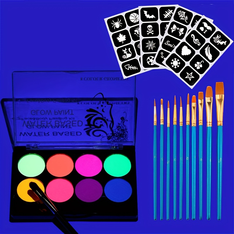 CC Beauty UV Glow Face Body Paint Palette, 8 Neon Glow In Black Lights Face  Paint Kit, Water Activated Eyeliner, Safe Washable Adult, Halloween Makeup