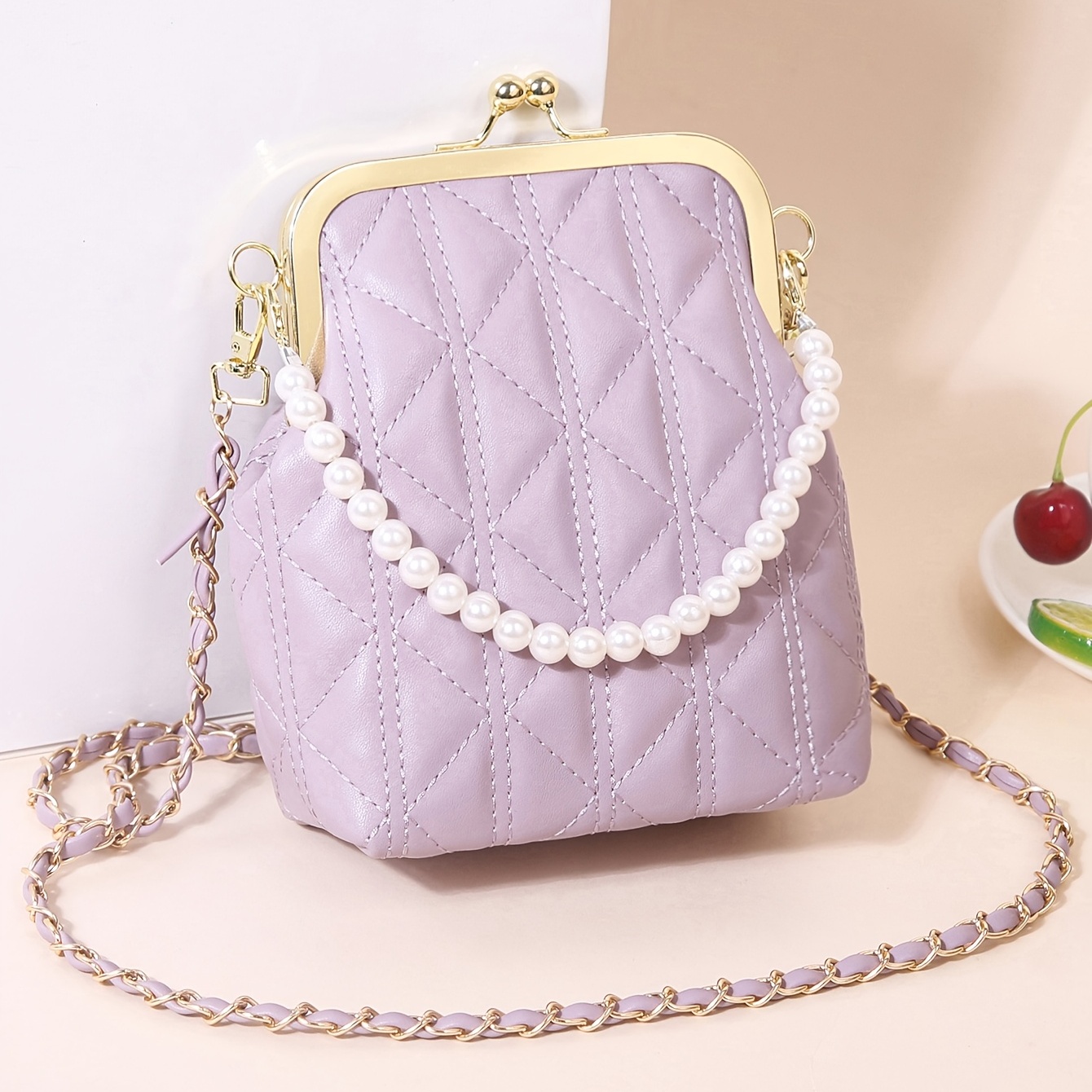 Mini Quilted Chain Shoulder Bag, Faux Pearl Decor Crossbody Bag