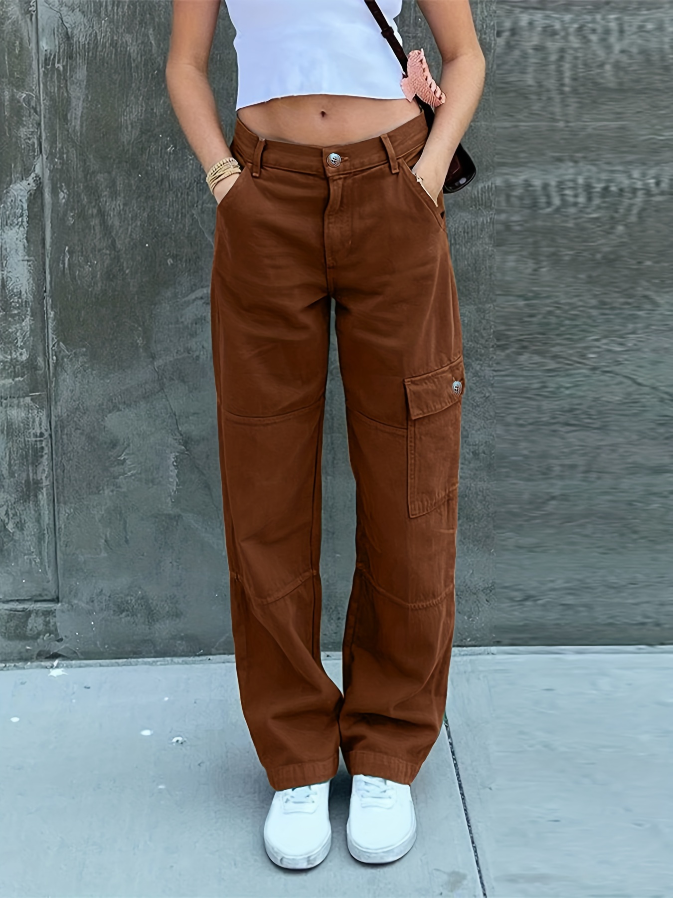 Dark Brown Straight Jeans Flap Pockets High Waist Loose Fit - Temu