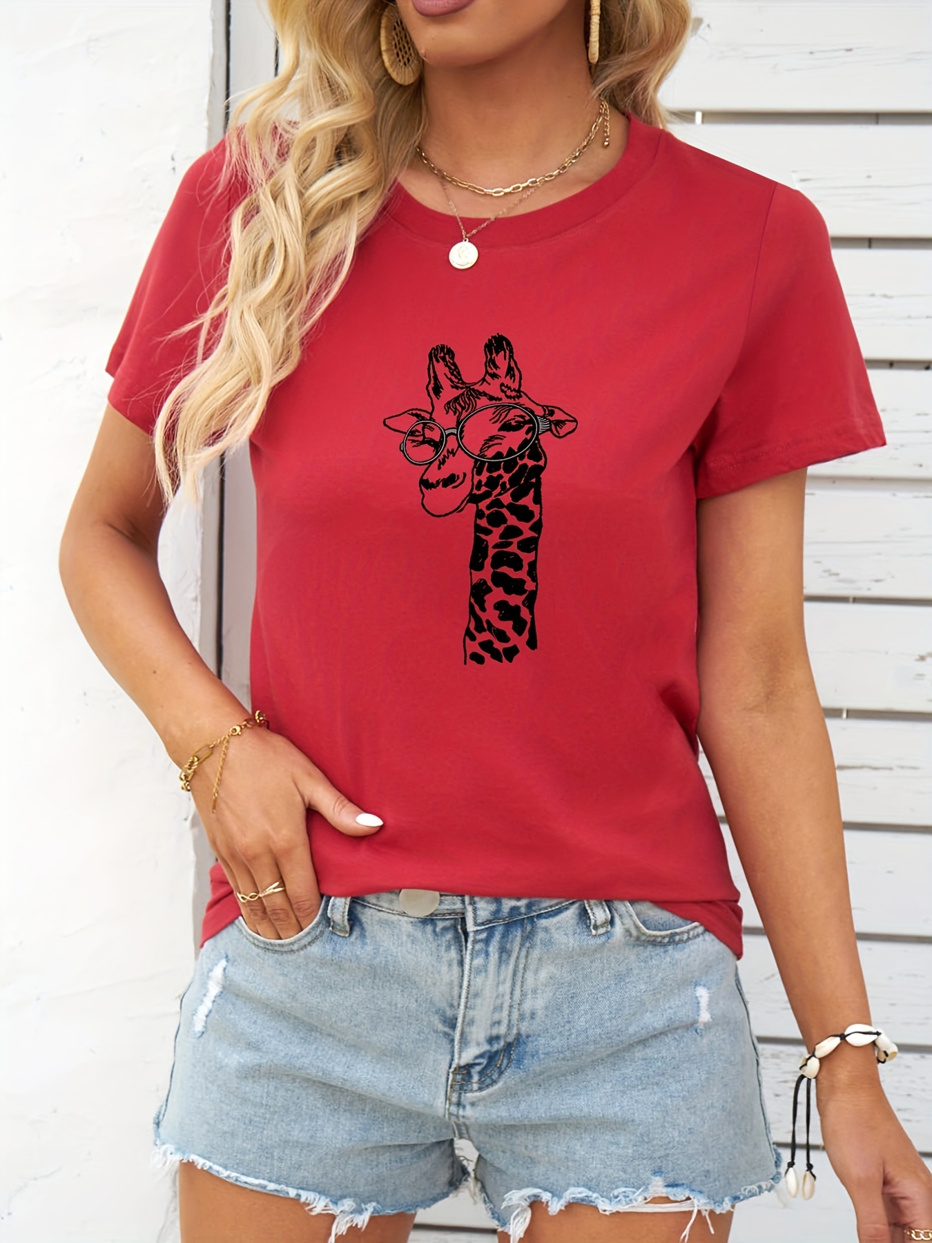 Cartoon Giraffe Print Crew Neck T-shirt, Casual Short Sleeve T