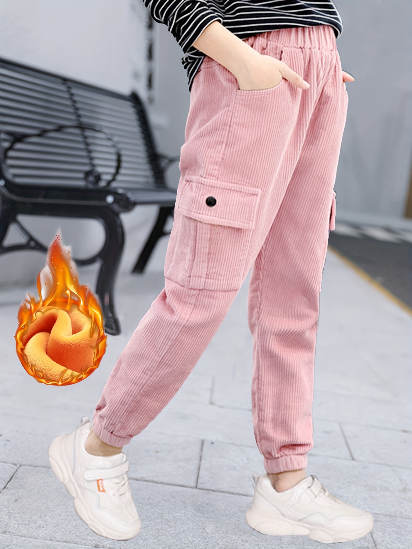 Girls' Thermal Warm Winter Wide-leg Cargo Pants, Casual Street Wear  Straight Trousers With Multi-pockets