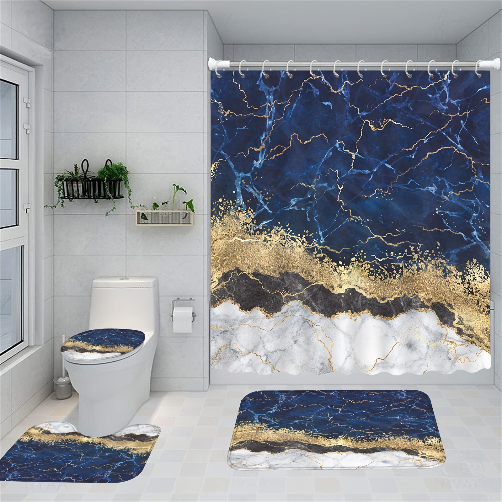 Black Marble Shower Curtain, Home Bathroom Marble Texture Reinforced Waterproof  Bathroom Curtain With 12 Hooks, Bathroom Accessories - Temu