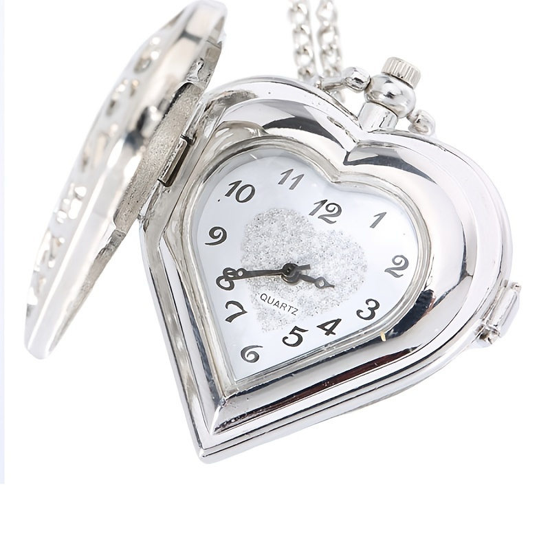 Heart Shape Pocket Watch Silvery Necklace Pocket Watch Boho Temu