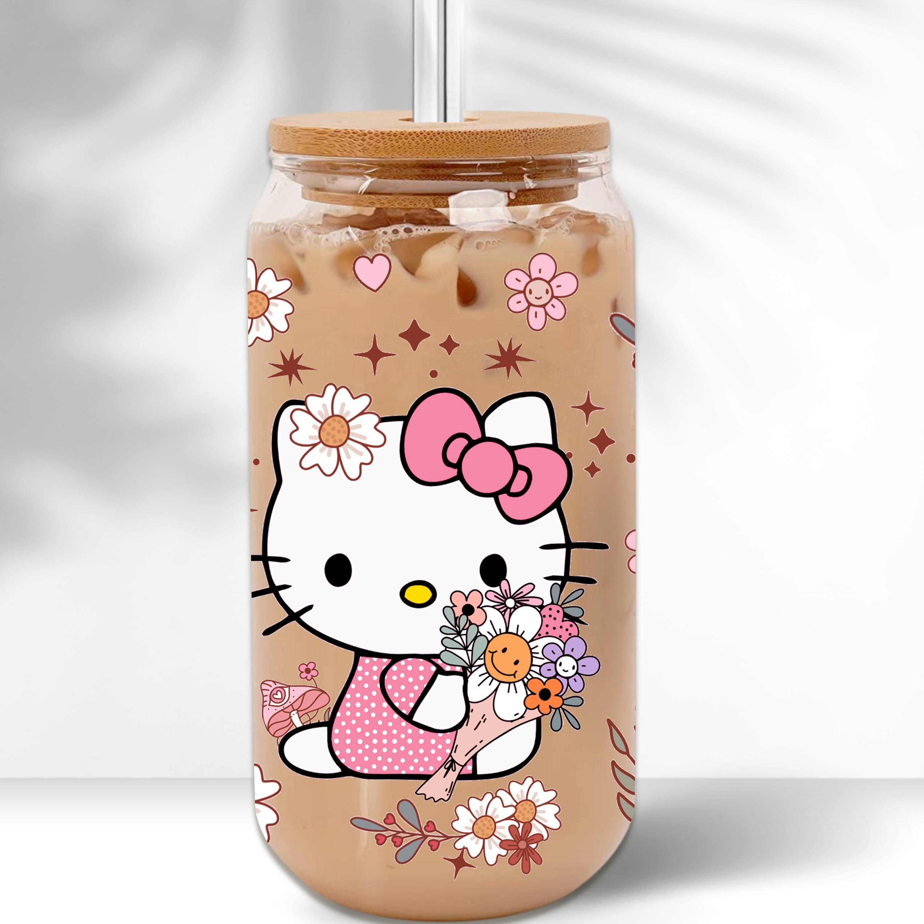

1pc Cute Hello Kitty Flower Theme Tumbler Set Uv Sticker Handmade Craft 16oz Coffee Tumbler With Glass Straw And Straw Brush For Hotel