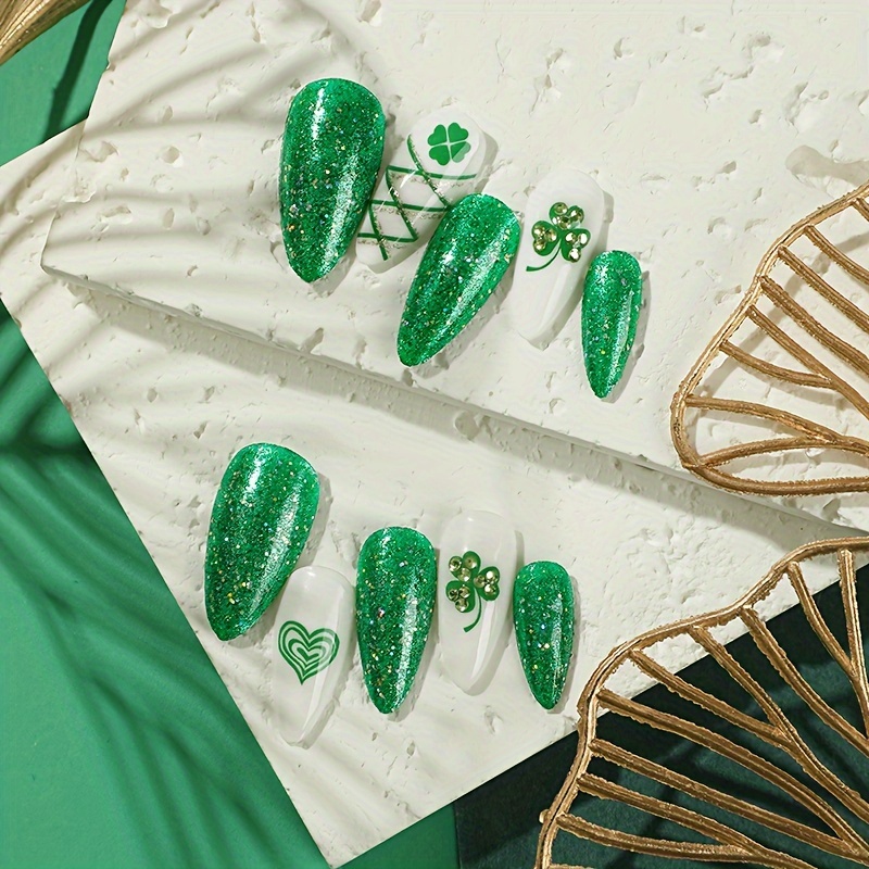 24pcs st patricks day press on nails medium almond fake nails acrylic green heart lucky clover exquisite luxury rhinestone almond design fashion st patricks day nail decoration for nails for women and girls details 2