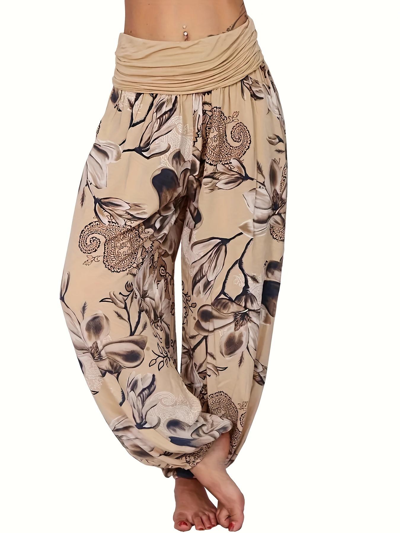 Floral Print Ruched Waist Pants, Casual Lantern Pants For Spring & Fall,  Women's Clothing